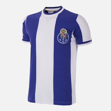 FC Porto 1971 - 72 Retro Football Shirt displayed on a white background, featuring blue and white vertical stripes with a round collar and the FC Porto crest on the chest.