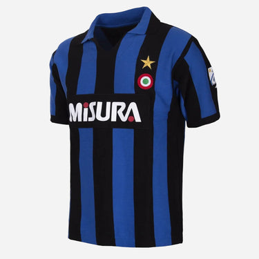 FC Internazionale 1982–83 retro football shirt front view with black and blue stripes and Misura sponsor