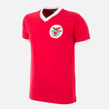 Flat-lay of the SL Benfica 1974 - 75 Retro Football Shirt, featuring a red base with a white v-neck collar and the Benfica crest on the chest.