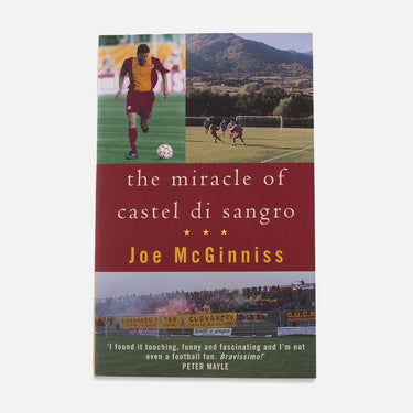 Front cover of The Miracle of Castel di Sangro book featuring a football field, players, and Italian mountain town