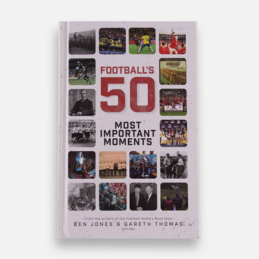 Front cover of Football's 50 Most Important Moments featuring collage of images from iconic football moments