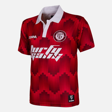 Turfy Gang x COPA Football Shirt front view with red patterned design and custom Turfy Gang crest
