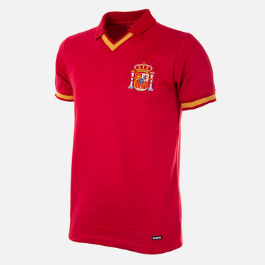 Spain 1988 Retro Football Shirt displayed on a white background, featuring a red body with gold accents.