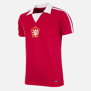 Flat-lay of the Czechoslovakia 1976 Retro Football Shirt, featuring a red base with white collar and shoulders, and the national team emblem embroidered on the chest.