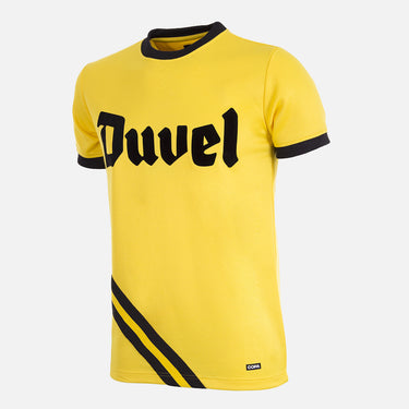 Berchem Sport 1982 - 83 Retro Football Shirt displayed on a white background, featuring a yellow body with black accents and "Duvel" sponsor logo.