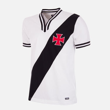 Flat-lay of the Vasco da Gama 1975 Away Retro Football Shirt, featuring a white base with a black diagonal sash and the club's red cross emblem.