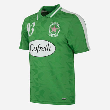 Red Star FC 1997–98 retro football shirt front view with green geometric pattern and Cofreth sponsor