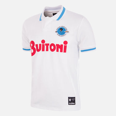 Flat lay of the white retro football shirt featuring blue accents and the "Buitoni" sponsor logo.