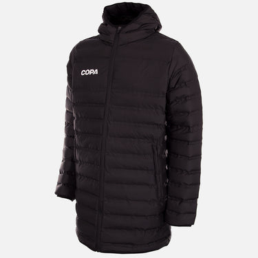 Black long COPA puffer jacket with hood, front zipper, and white COPA logo on the chest