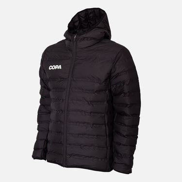 Black COPA puffer jacket with hood, front zipper, and white COPA logo on the chest