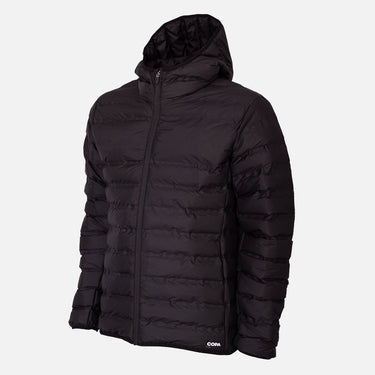 Black COPA puffer jacket with hood, front zipper, and quilted design