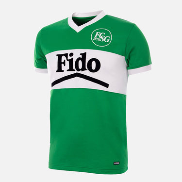 FC St. Gallen 1984 Retro Football Shirt Green & White featuring a white chest band, V-neck collar, and "Fido" sponsor logo.
