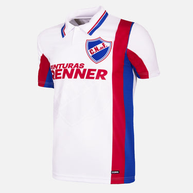 Retro Nacional football shirt in white with red and blue vertical stripes, featuring Pinturas Renner sponsor and C.N. de F. crest.