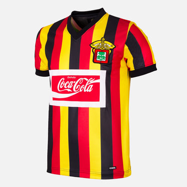Leones Negros udeG 1992 - 93 Retro Football Shirt Yellow, Red & Black with vertical stripes and Coca-Cola sponsor logo on the chest.