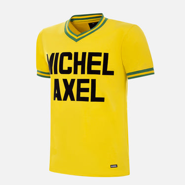 FC Nantes 1972 - 73 Retro Football Shirt Yellow featuring a green V-neck collar, green sleeve cuffs, and a "MICHEL AXEL" sponsor.