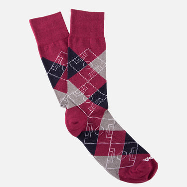 casual red socks with argyle pattern and football pitch markings