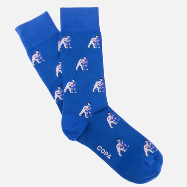 casual blue socks with a repeating pixel-style illustration of zinedine zidane headbutt 2006