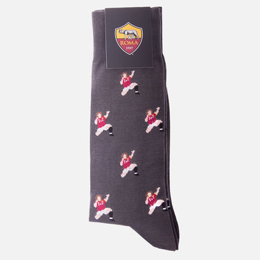 casual grey socks with a repeating pixel-style illustration of batistuta celebrating goal as roma with packaging