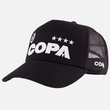 Black COPA trucker cap with white embroidered logo, four stars, and a circular emblem