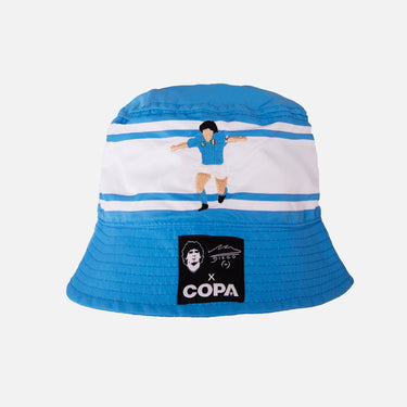Blue and white COPA bucket hat featuring an embroidered Maradona celebration on the side