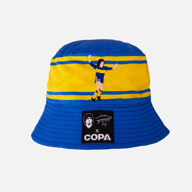 Blue and yellow COPA bucket hat featuring an embroidered Maradona celebration on the side