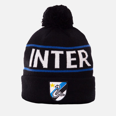 Black Inter beanie with blue and white stripes, "INTER" text, and club crest on the cuff
