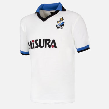 Classic FC Internazionale 1986 Away Retro Football Shirt White & Blue with black V-neck collar and Misura sponsor logo.