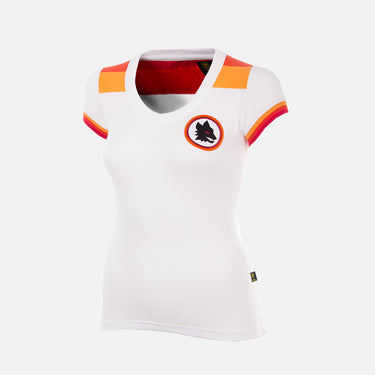 Front view of the AS Roma 1978 - 79 Away Womens Retro Shirt, featuring a white base with orange and red accents and the club crest on the chest.