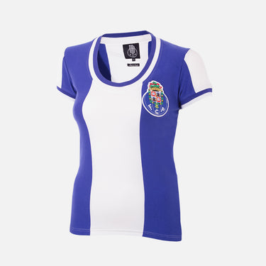 Flat-lay of the FC Porto 1971 - 72 Women's Retro Football Shirt, featuring blue and white vertical stripes and a tailored fit.