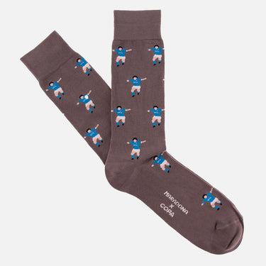 casual grey socks with a repeating pixel-style illustration of maradona