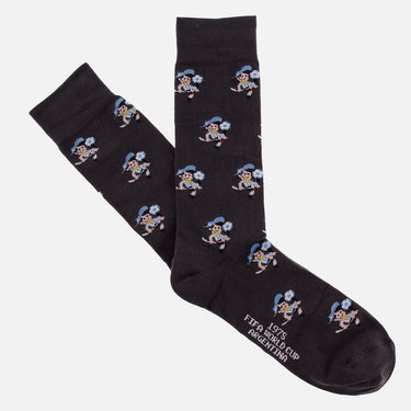 casual black socks with a repeating pixel-style illustration of a smiling argentine footballer white blue