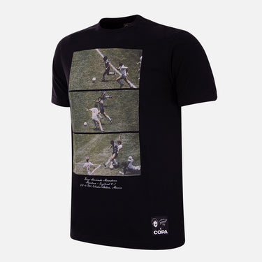 Full view of the black T-shirt, displaying the famous goal sequence printed on the front.