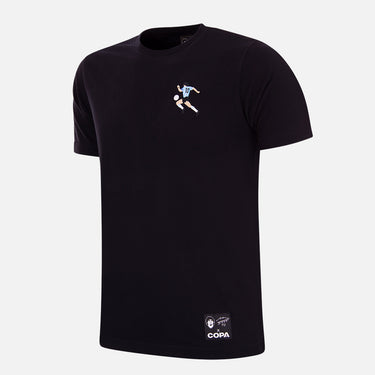 Full view of the T-shirt, featuring a minimalist black design with a subtle embroidered football-themed tribute to Maradona.