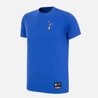 Flat-lay of the Maradona x COPA Boca Embroidery T-Shirt, featuring a blue base with embroidered Maradona figure.