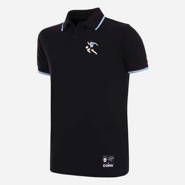 Front view of black polo shirt featuring subtle Maradona embroidery on chest