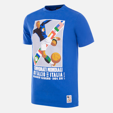 Italy 1934 World Cup Emblem T-Shirt displayed on a white background, featuring a blue fabric with a vintage-style football poster design.