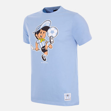 Light blue Argentina 1978 World Cup T-shirt, featuring the classic Gauchito mascot, a young footballer in Argentina's colors.