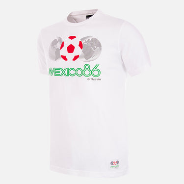 White T-shirt with the Mexico 1986 World Cup emblem, featuring a red football and a stylized globe design.