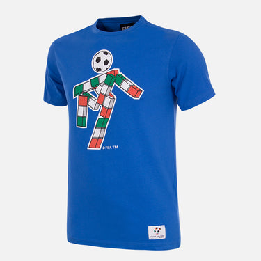 Flat-lay of the Italy 1990 World Cup Ciao Mascot T-Shirt, featuring a blue base with the iconic Ciao mascot printed on the front.