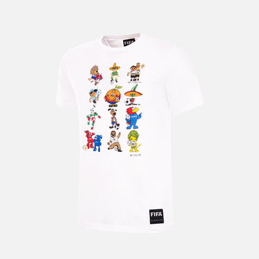 World Cup Collage Mascot Kids T-Shirt in white, featuring a colorful design with multiple FIFA World Cup mascots from past tournaments.