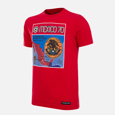 Flat-lay of the Panini FIFA Mexico 1970 World Cup T-shirt, featuring a red base with a large graphic print of the Mexico 70 Panini sticker.