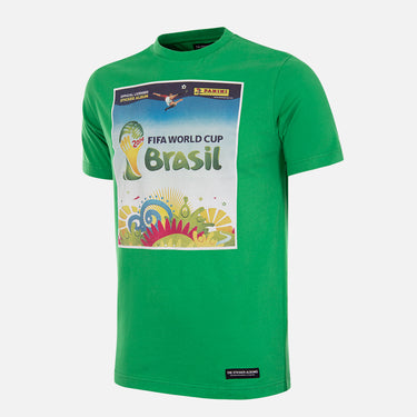 Panini FIFA Brazil 2014 World Cup T-shirt, green with a front print featuring the official Panini sticker album cover for Brazil ‘14.
