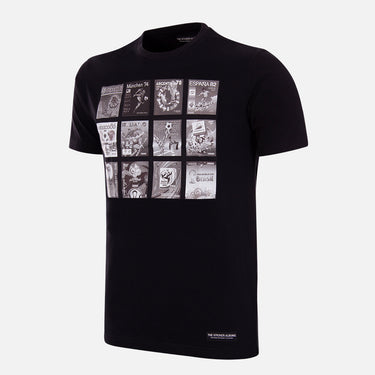 Panini FIFA World Cup Collage T-shirt, black with a front print featuring a grid of iconic Panini sticker album covers from past tournaments.