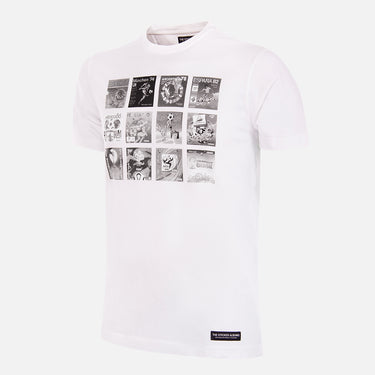 Panini FIFA World Cup Collage T-shirt, white with a front print showcasing a collection of classic Panini World Cup sticker album covers.