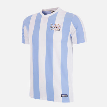 Front view of the Argentina 1986 World Champions Embroidery T-Shirt, featuring light blue and white vertical stripes with an embroidered design.