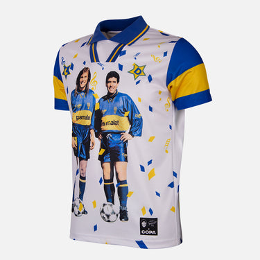 Full view of the Maradona x COPA shirt, with Boca Juniors players printed on a confetti-themed white and blue background.