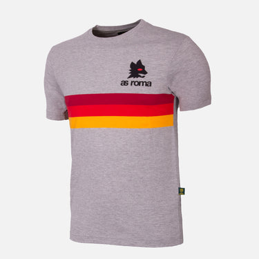 AS Roma Stripes T-Shirt Grey, Red & Yellow with horizontal stripes across the chest and the classic AS Roma wolf logo.