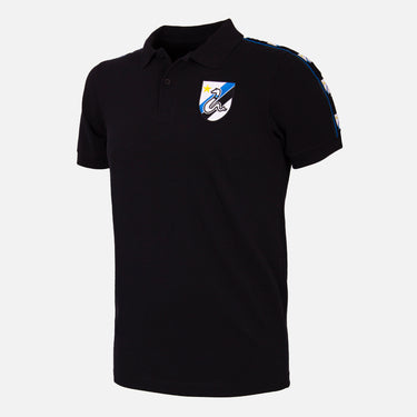 FC Internazionale Taper Polo Black featuring an Inter crest on the chest and patterned sleeve tape detail.