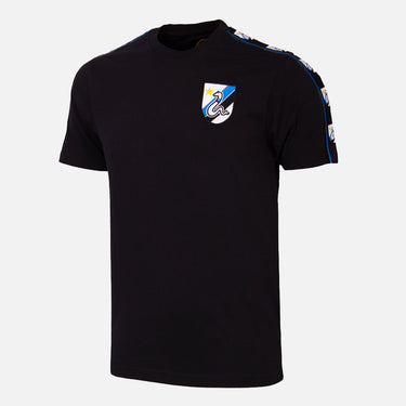 FC Internazionale Taper T-Shirt Black with an embroidered Inter crest on the chest and patterned sleeve tape detail.