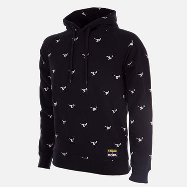 Flat-lay of the Panini All Over Hooded Sweater, black with white Panini logo print.